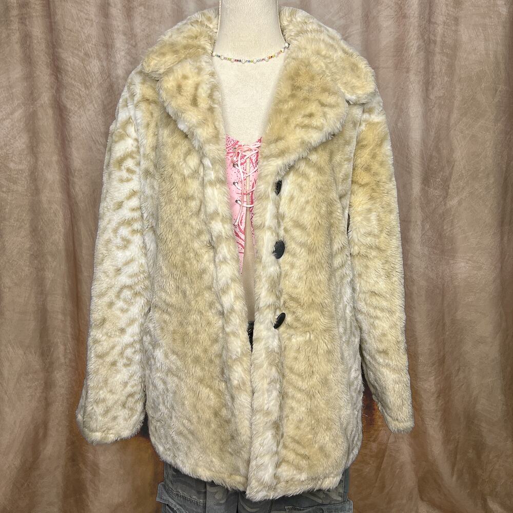 Vintage 90s Leopard Animal Print Faux Fur Coat Fluffy Indie Mcbling Mobwife Euro - Picture 4 of 11